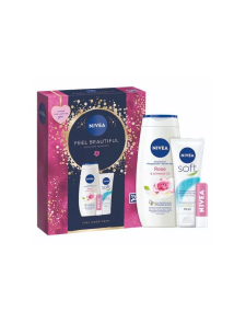 NIVEA Feel Beautiful Skincare Gift Set (Rose Shower Gel, Lip Balm, Soft Cream)